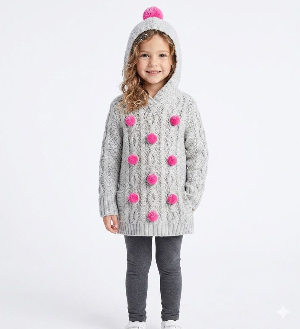 Mini Boden Size 4-5 Cable Knit Pink Pom Pom Chunky Gray Hooded Sweater Pockets